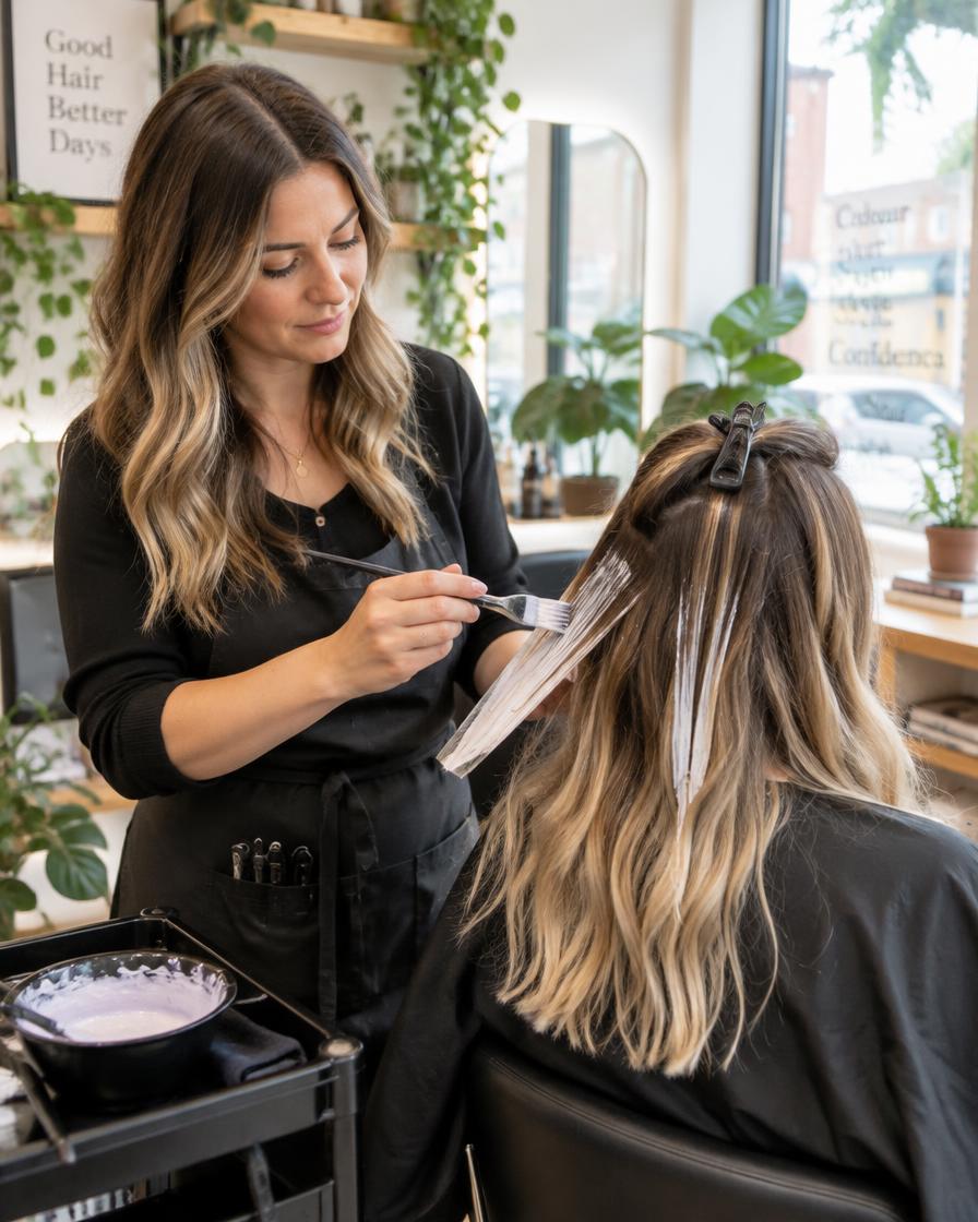 A colourist applying balayage to a client